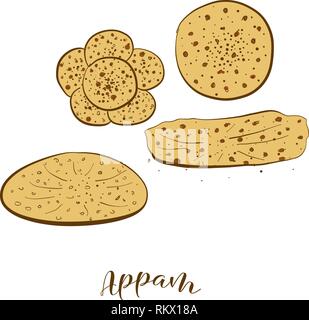 Colored sketches of Appam bread. Vector drawing of Varies widely food, usually known in India. Colored Bread illustration series. Stock Vector