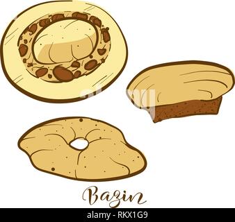 Colored sketches of Bazin bread. Vector drawing of Flatbread food, usually known in Libya. Colored Bread illustration series. Stock Vector