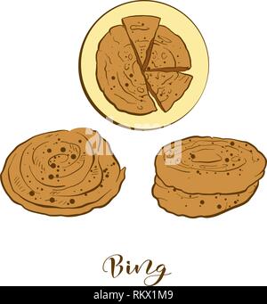 Colored sketches of Bing bread. Vector drawing of Flatbread food, usually known in China. Colored Bread illustration series. Stock Vector