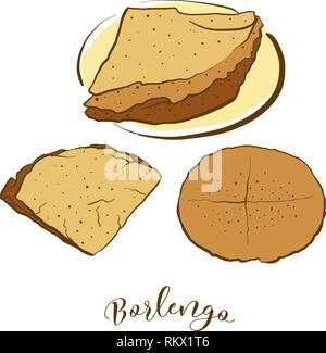 Colored sketches of Borlengo bread. Vector drawing of Pancake food, usually known in Italy. Colored Bread illustration series. Stock Vector