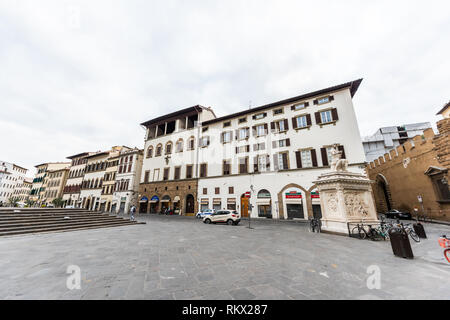 Firenze, Italy - August 31, 2018: Outside exterior square in Florence with building in Tuscany wide angle view with empty street and steps in morning Stock Photo