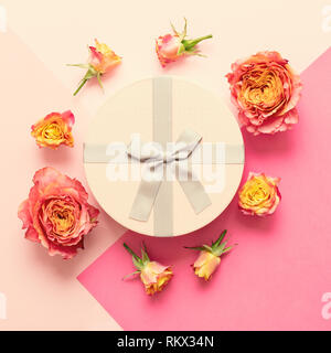 Happy Mother's Day, Women's Day, Valentine's Day or Birthday Living Coral and Pastel Pink Background. Flat lay greeting card with beautiful coral hue  Stock Photo