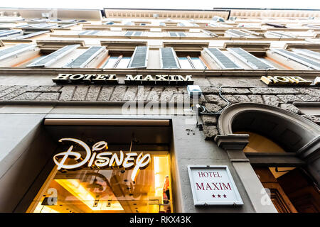 Firenze, Italy - August 31, 2018: Outside exterior of Disney store buildings in Tuscany on Via dei Calzaiuoli alley street in morning wide angle view  Stock Photo