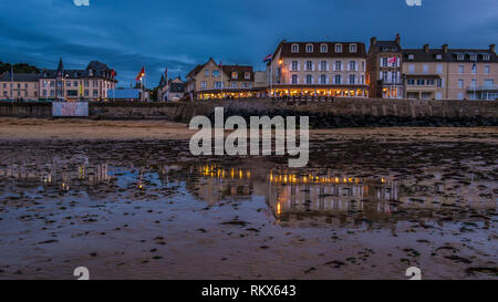 Arromanches in Normandy, Gold Beach, was the location for Mulberry B one of the temporary harbour used during the D-Day landings Stock Photo