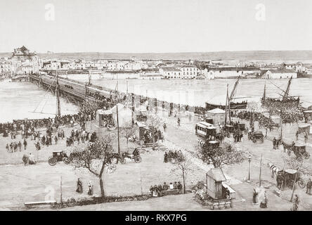 The Puente de Isabel II, Puente de Triana or Triana Bridge and surrounding neighbourhood, Seville, Spain during the floods of 1892. From La Ilustracion Espanola y Americana, published 1892. Stock Photo