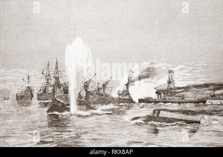 Sea battle between battleships and torpedo boats in the 19th century.  From La Ilustracion Espanola y Americana, published 1892. Stock Photo