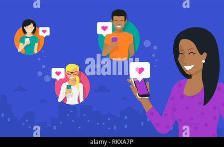 Smiling african woman holds the smartphone in her hand and sharing images and memes to friends via mobile networks app. Flat vector neon illustration  Stock Vector