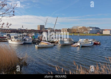 Fredens Havn, Harbour of Peace behind the freetown Christiania in Copenhagen. This maritime community is now up for removal according to authorities. Stock Photo