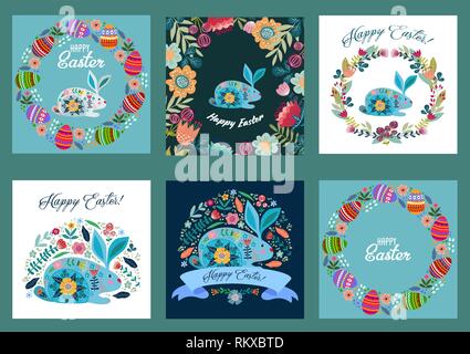 Happy Easter. Set of templates for cards and banners with cartoon flat cute eggs, rabbit and flowers. Vector Stock Vector