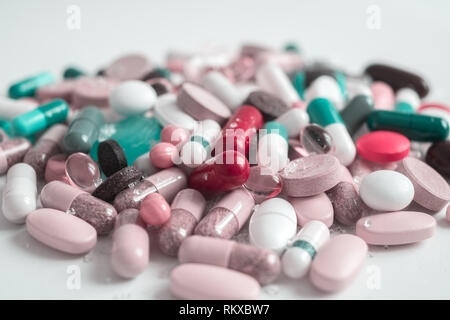 Drugs background.Pharmaceutical tablets, capsules, therapy drugs and pills Stock Photo