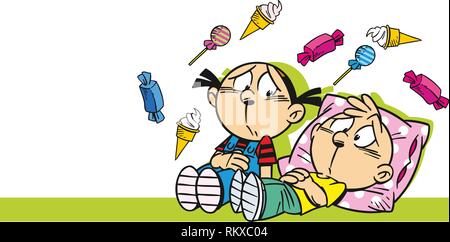 The illustration shows cartoon boy and girl who overeat sweets. Illustration isolation performed, on separate layers Stock Vector