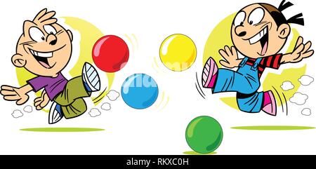 The illustration shows a boy and girl in joyful emotions, which are actively playing with colored balls. Illustration done in cartoon style Stock Vector