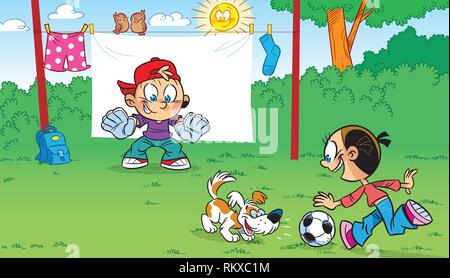 The illustration shows the funny cartoon children playing soccer and pranks. Illustration done on separate layers. Stock Vector