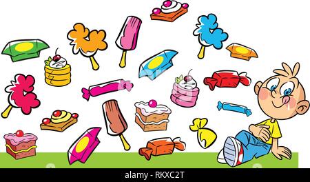 The illustration shows a boy on a background of different chocolates, sweets and baking. Illustration done in cartoon style, on separate layers. Stock Vector