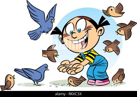 The illustration shows a girl who feeds the grain birds. Illustration done in cartoon style. Stock Vector