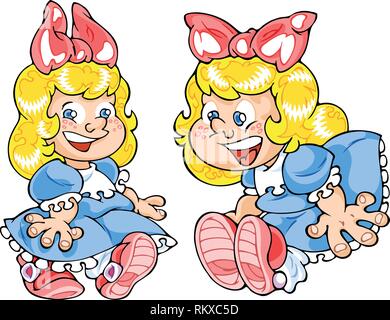 The illustration shows a little funny girl in blue dress. Girl shows two kinds of emotions. Illustration done in cartoon style. Stock Vector