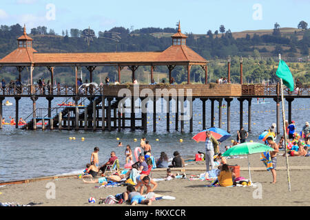 Chile, Lake District, Frutillar, beach, people, pier, Stock Photo