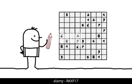 Cartoon man playing sudoku Stock Vector