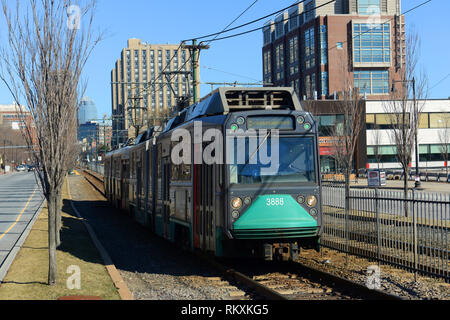 Boston Metro MBTA Ansaldo Breda Type 8 Green Line at Boston University, Boston, Massachusetts, USA. Stock Photo