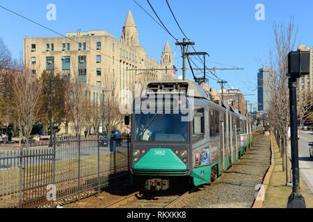 Boston Metro MBTA Ansaldo Breda Type 8 Green Line at Boston University, Boston, Massachusetts, USA. Stock Photo