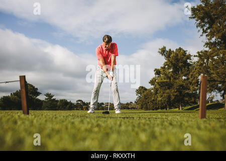 Low angle shot of male golfer taking shot while standing on field. Full length of senior golf player about to take the shot. Stock Photo