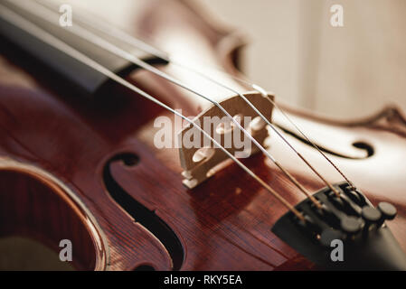 Close up view of strings of beautiful brown violin lying on wooden background. Musical instruments. Music equipment. Music background Stock Photo