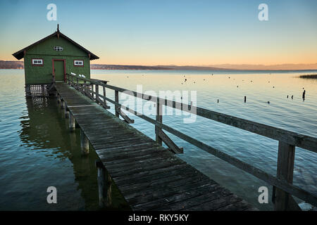 Boathouse at lake, Schondorf, Ammersee, Germany, Bavaria Stock Photo