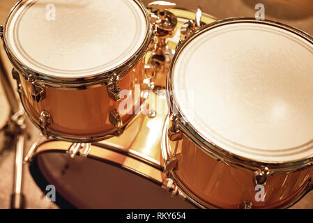 Live music. Close up view of professional drum set in music studio. Music concept. Musical instrument Stock Photo