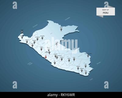 Isometric 3D Peru map,  vector illustration with cities, borders, capital, administrative divisions and pointer marks; gradient blue background.  Conc Stock Vector