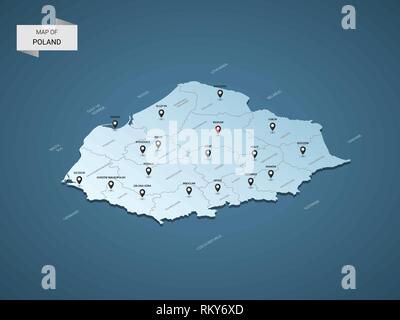 Isometric 3D Poland map,  vector illustration with cities, borders, capital, administrative divisions and pointer marks; gradient blue background.  Co Stock Vector