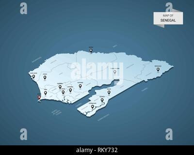 Isometric 3D Senegal map,  vector illustration with cities, borders, capital, administrative divisions and pointer marks; gradient blue background.  C Stock Vector