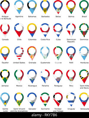 Flags in the form of a pin from the countries of America with their names written below Stock Photo