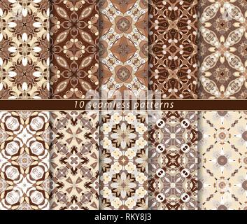 Ten seamless patterns in Oriental style. Eastern ornaments for design fabric, wrapping paper or scrapbooking. Vector illustration in brown colors. Stock Vector