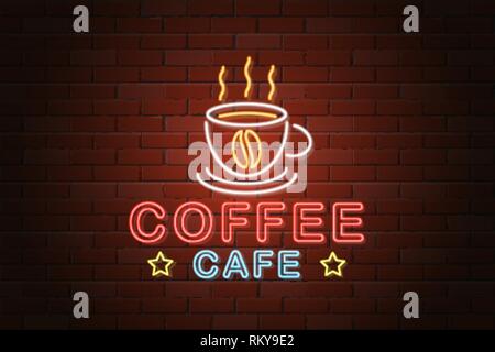 glowing neon signboard coffee cafe vector illustration isolated on white background Stock Vector
