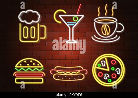 glowing neon signboard fast food and drink vector illustration isolated on white background Stock Vector