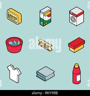 Laundry flat outline isometric icons. Vector illustration, EPS 10 Stock Vector
