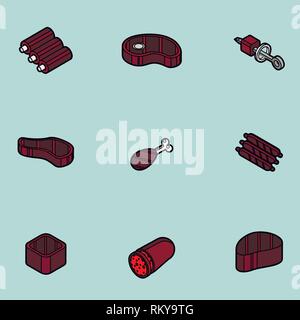 Meat color outline isometric icons. Vector illustration, EPS 10 Stock Vector