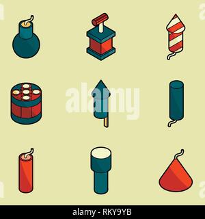 Pyrotechnics color outline isometric icons. Vector illustration, EPS 10 Stock Vector