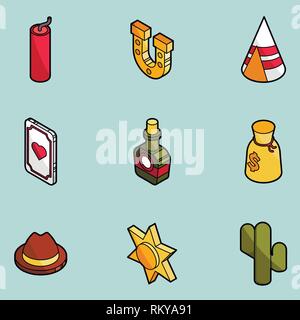 Wild west color outline isometric icons. American Frontier. Vector illustration, EPS 10 Stock Vector