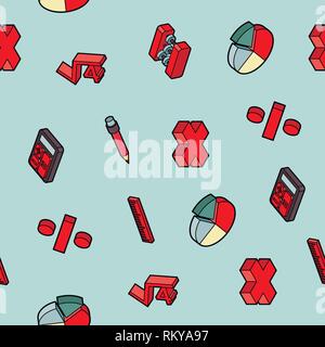 Algebra color outline isometric pattern . Mathematical science. Education and scientific icons set. Stock Vector