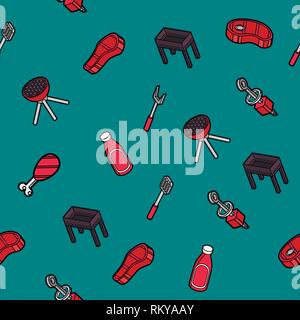 BBQ color outline isometric pattern. Barbecue Food flyer. Barbecue advertisement. Vector illustration, EPS 10 Stock Vector