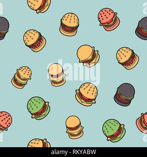 Burgers color outline isometric pattern. Fast food design icons set. Stock Vector