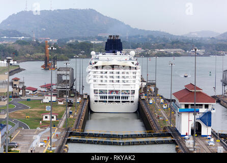 The cruise ship just passed one of Panama Canal locks and entering Miraflores Lake (Panama). Stock Photo