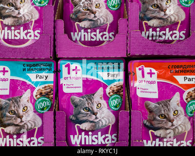 Moscow, Russia - Feb 12.2019. Whiskas cat food in Auchan store Stock Photo