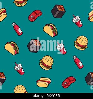 Fast food outline color isometric pattern. Vector illustration, EPS 10 Stock Vector