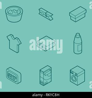 Laundry flat outline isometric icons. Vector illustration, EPS 10 Stock Vector