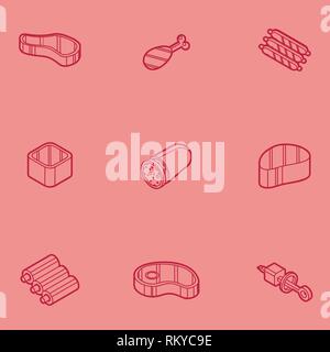 Meat color outline isometric icons. Vector illustration, EPS 10 Stock Vector