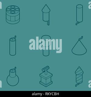 Pyrotechnics color outline isometric icons. Vector illustration, EPS 10 Stock Vector