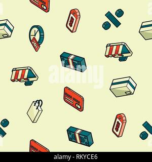 Shopping color outline isometric pattern. Vector illustration, EPS 10 Stock Vector