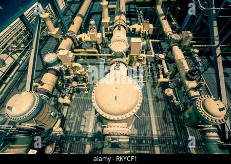 Overhead view of pipes and valves of a geothermal power plant in Calipatria in California. Stock Photo